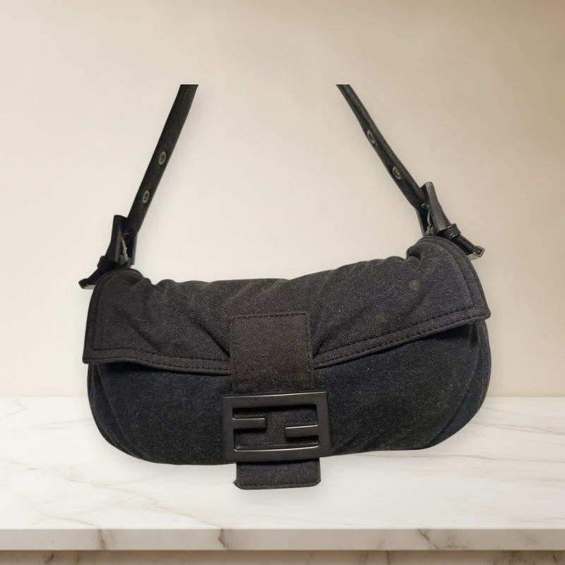 Fendi Mamma Baguette Shoulder Bag Ff Logo Fabric Leather Gray Silver Hardware