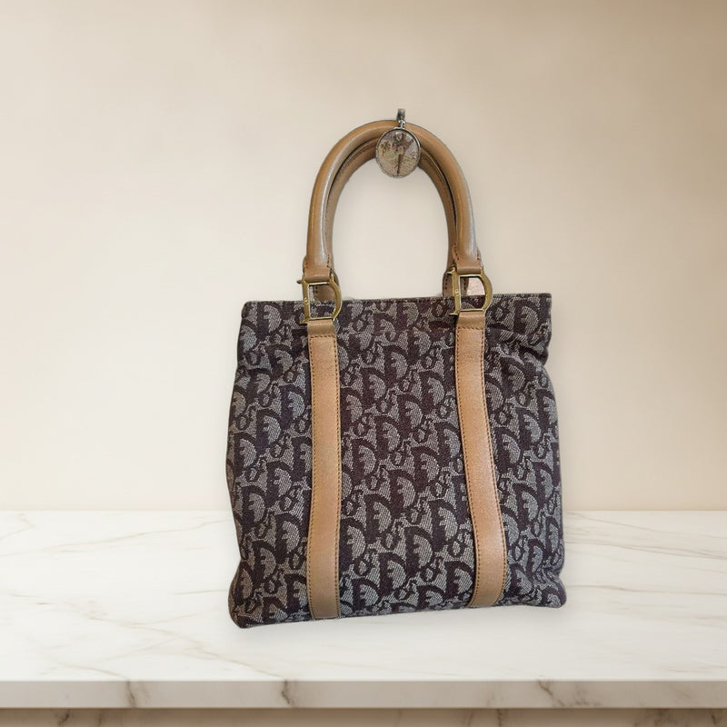 Christian Dior Trotter Tote Bag Canvas Leather Brown Gold Hardware