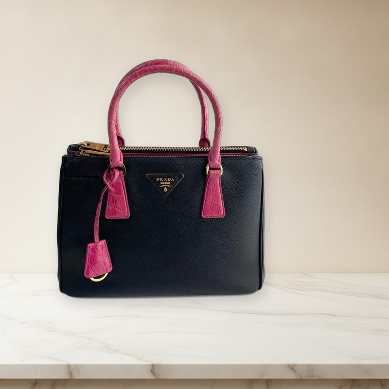Prada Galleria Saffiano Croc Embossed Leather Handbag Black Magenta Gold