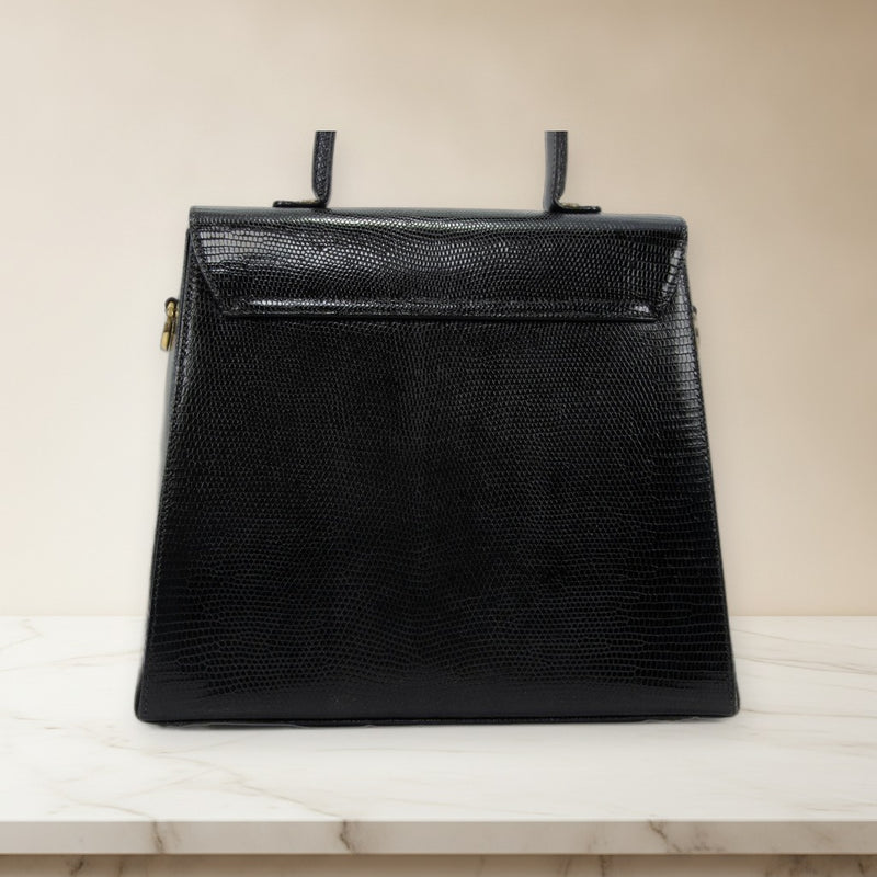 Salvatore Ferragamo Gancini 2WAY Shoulder Bag Lizard Leather Black Gold Hardware