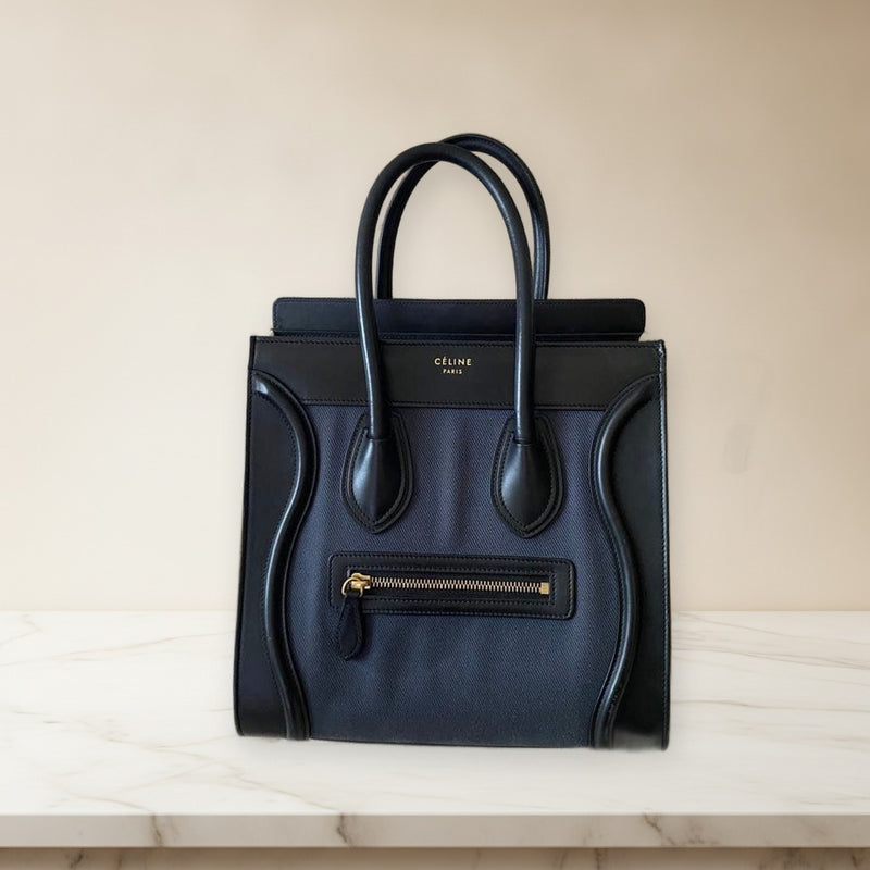 Celine Luggage Micro Shopper Handbag Canvas Navy Beige Black
