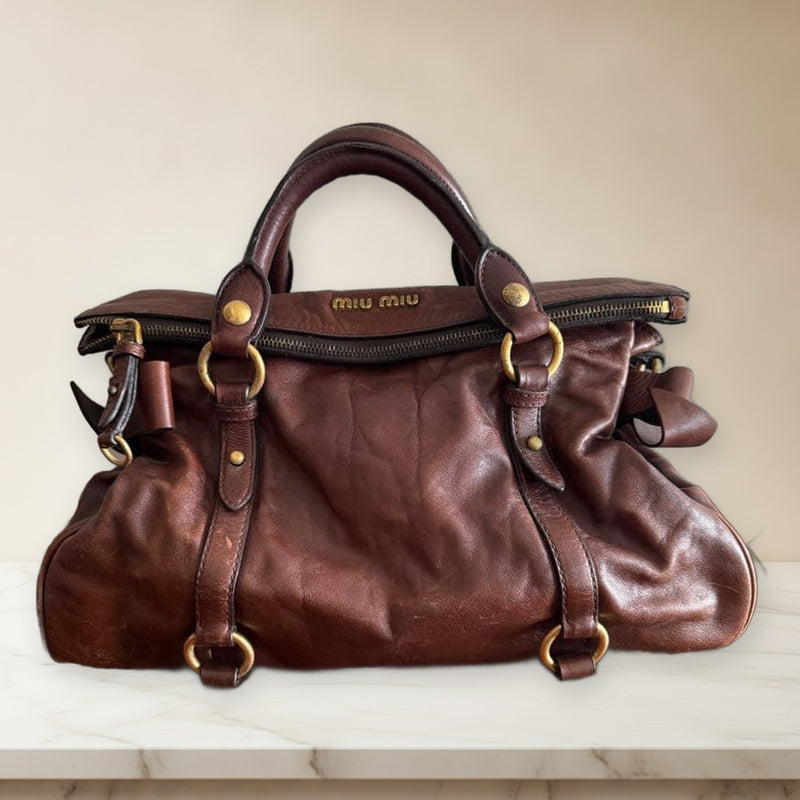 Miu Miu Side Ribbon Handbag Leather Brown