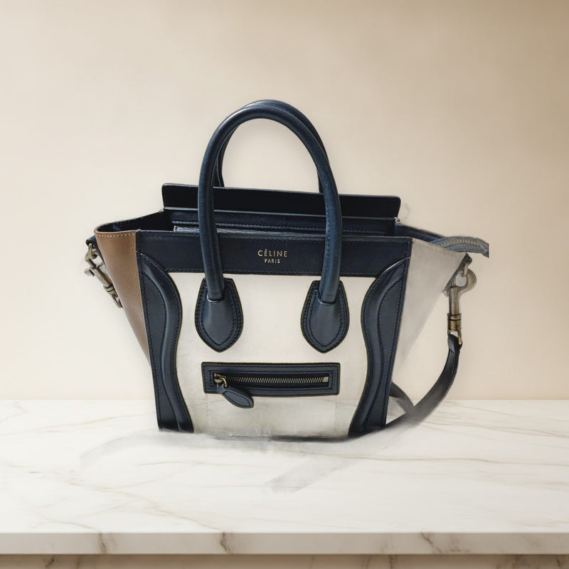 Celine Luggage Nano Shopper Handbag Smooth Leather Mimosa Navy Yellow 2-Way