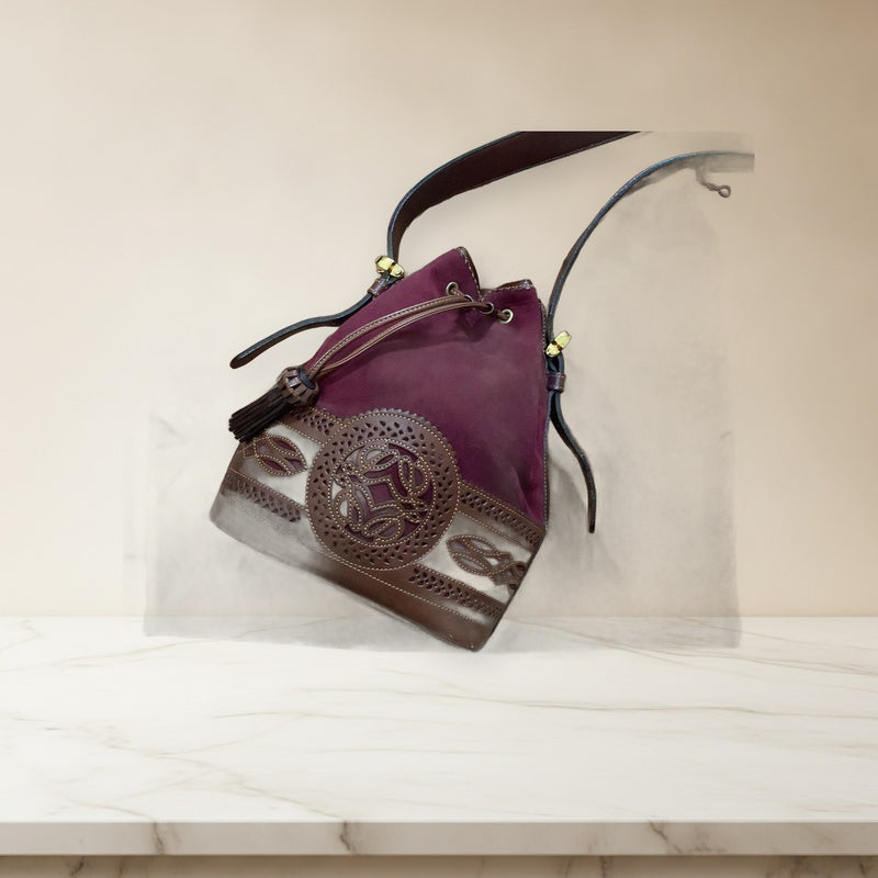 Loewe Suede Leather Bucket Bag Wine Red Brown Drawstring Punched Design