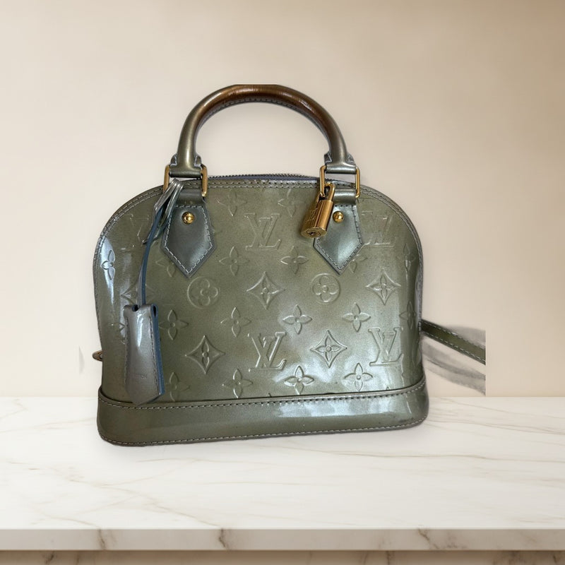 Louis Vuitton Alma Bb Handbag Vernis Pluie Grise Leather Gold Hardware