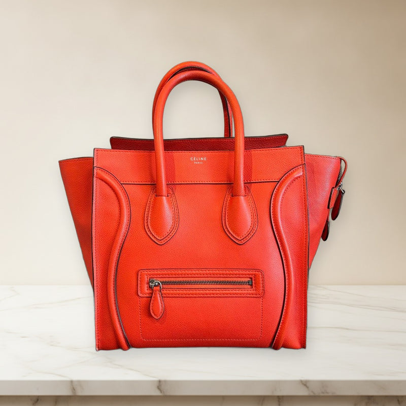 Celine Luggage Micro Handbag Tote Red Orange Leather