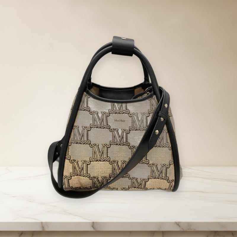 Max Mara 2way Handbag Shoulder Bag Raffia Leather Beige Black