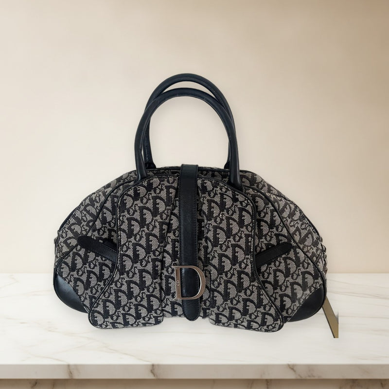 Christian Dior Trotter Double Saddle Bag Canvas Leather Navy Black D-hardware