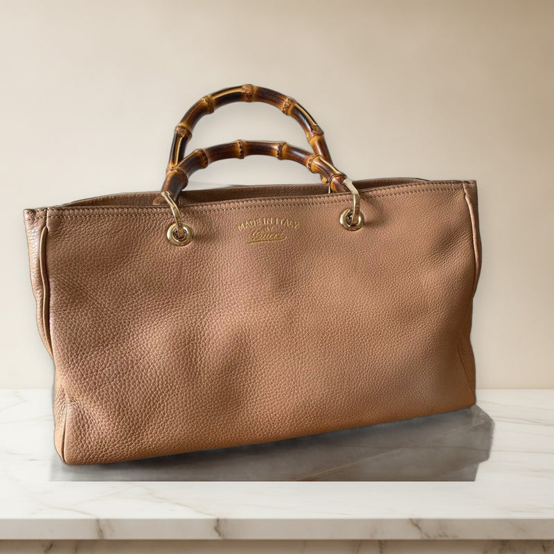 Gucci Bamboo Shopper Medium Tote Bag Pink Beige Leather 50th Anniversary