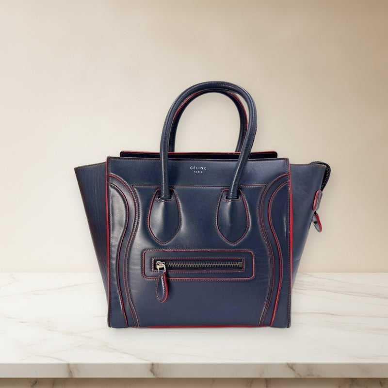 Celine Luggage Micro Shopper Tote Bicolor Leather Navy Red Handbag