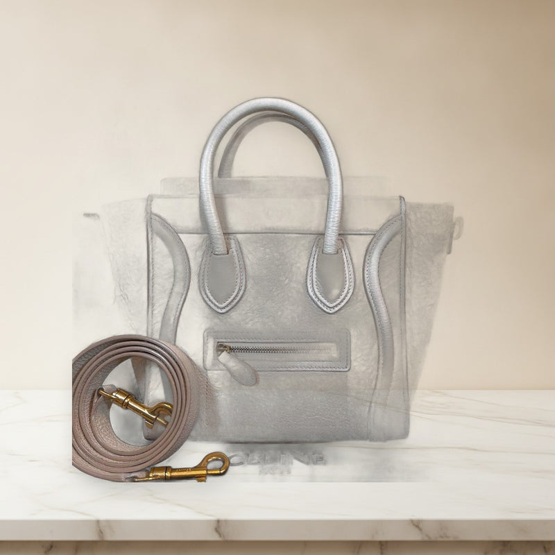 Celine Luggage Nano Shopper Handbag Leather White