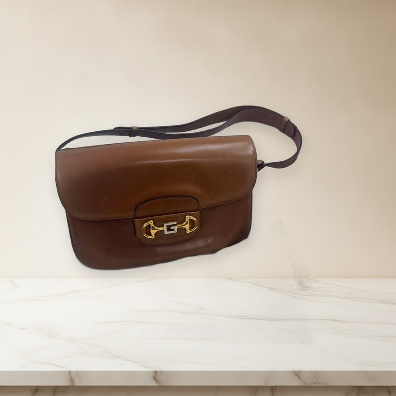 Gucci Horsebit One Shoulder Bag Leather Brown Push-lock Closure