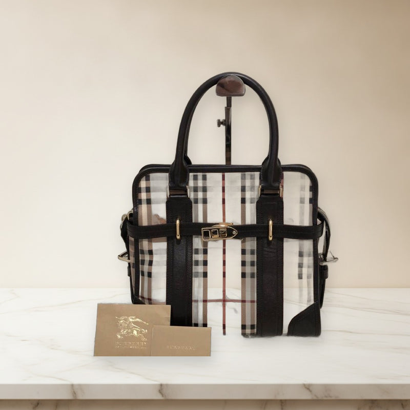 Burberry Nova Check Handbag Pvc Coated Canvas Leather Tote Beige Brown