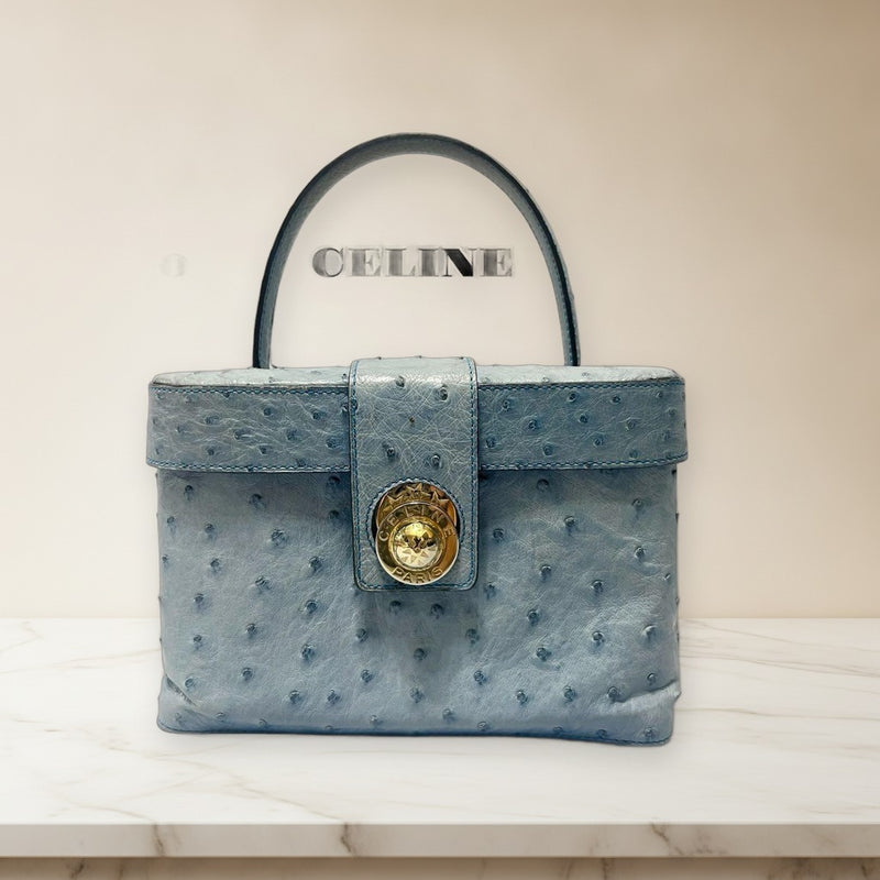 Old Celine Vanity Bag Pouch Ostrich Leather Cobalt Blue Vintage