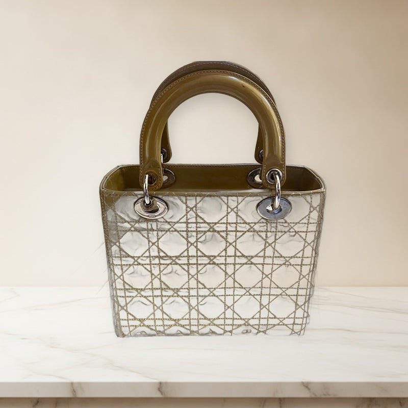 Lady Dior Quilted Handbag Shoulder Bag Enamel Leather Olive Green