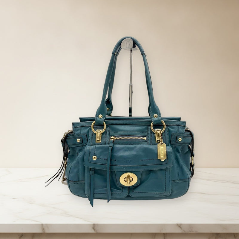 Coach Hampton Lindsey Legacy Turnlock Satchel Bag Leather Blue Gold Hardware