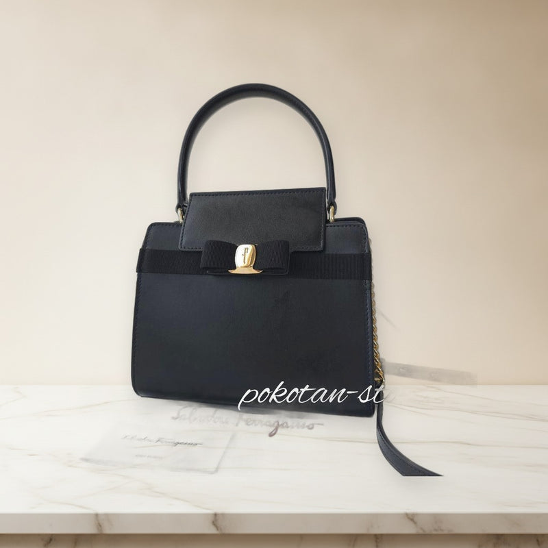 Salvatore Ferragamo Vara Bow 2-Way Handbag Calfskin Black Gold Hardware