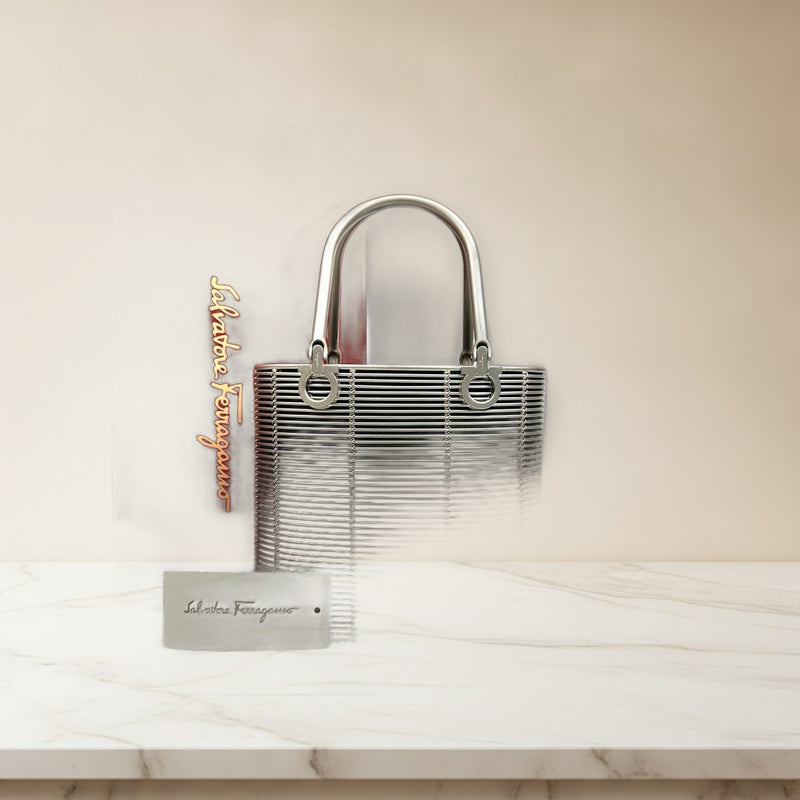 Salvatore Ferragamo Gancini Basket Handbag Aluminum Denim Silver Hardware