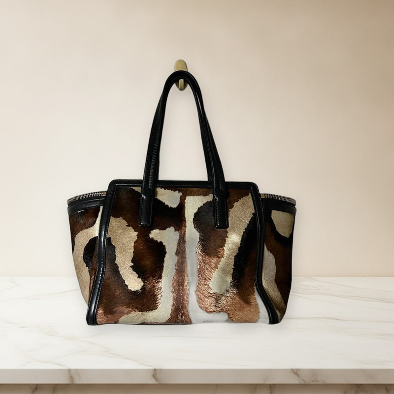 Salvatore Ferragamo Gancini Hair Calf Leather Handbag Brown Black