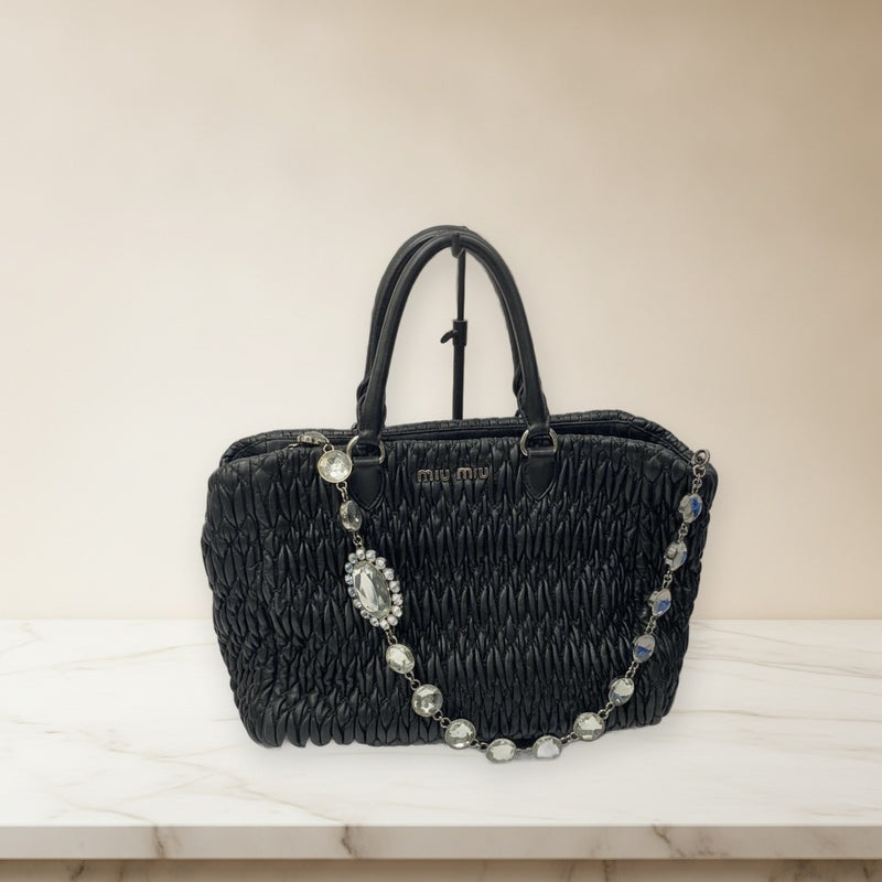 Miu Miu Matelasse Handbag Black Leather Bijou Embellishment