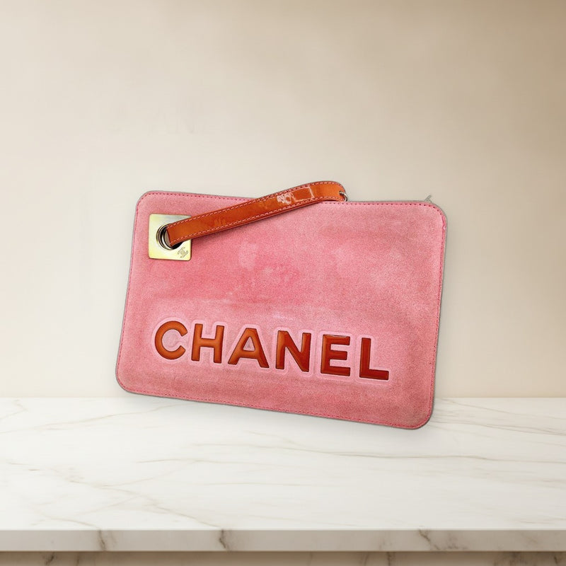 Chanel Camellia Coco Mark Clutch Bag Pink Leather Metal Fittings