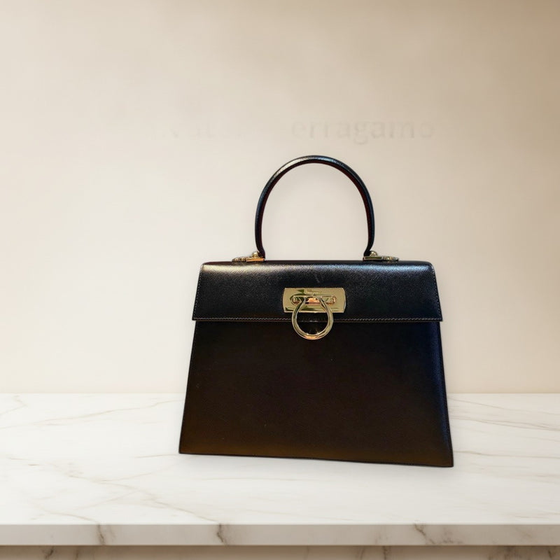 Salvatore Ferragamo Gancini 21-2181 Handbag Saffiano Leather Nero Black
