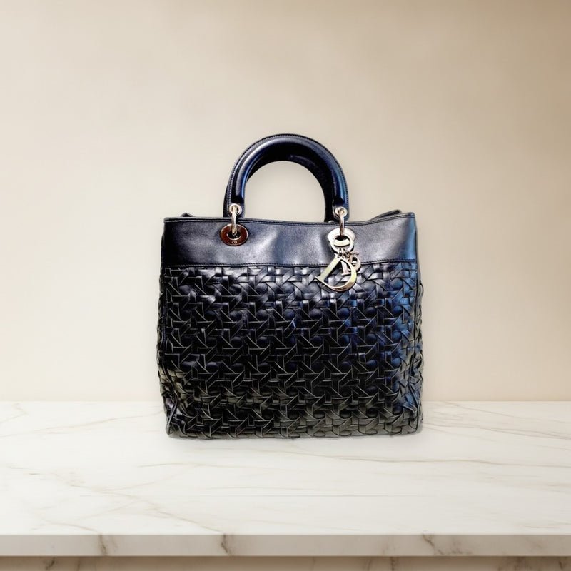 Christian Dior Diorissimo Handbag Lamb Leather Black Silver Hardware