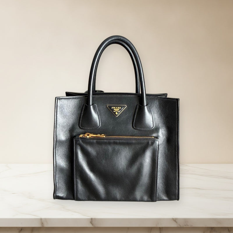 Prada BN2626 Tote Handbag Black Leather Gold Hardware Triangle Logo