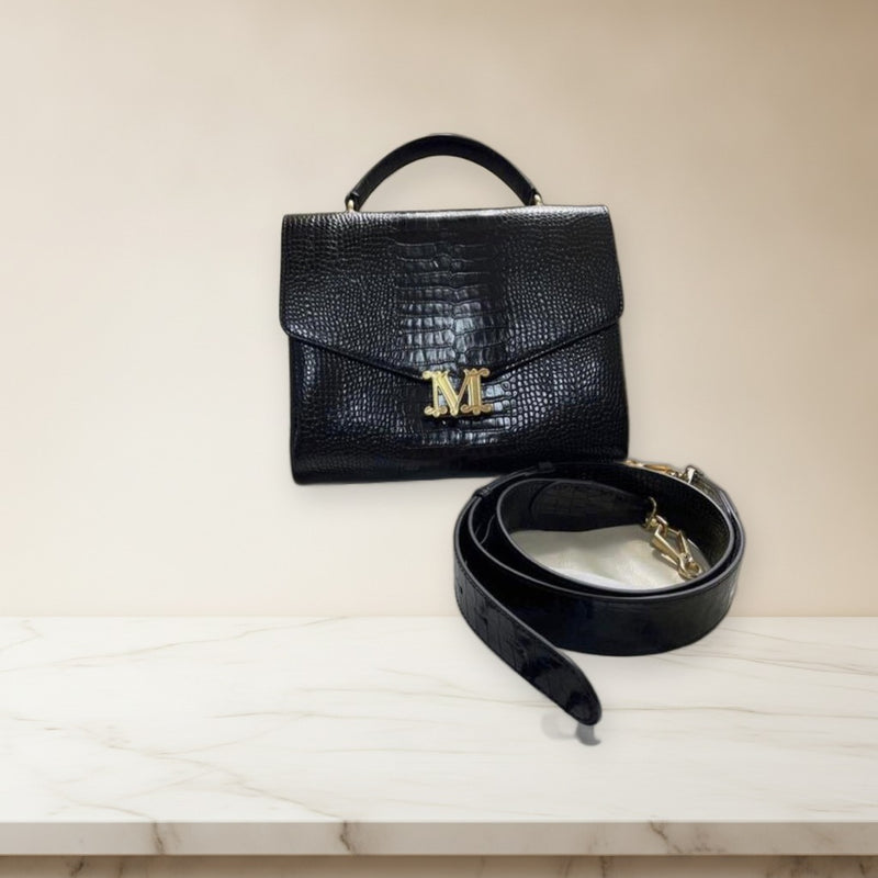 Max Mara Crocodile Embossed Leather Handbag Shoulder Bag Black