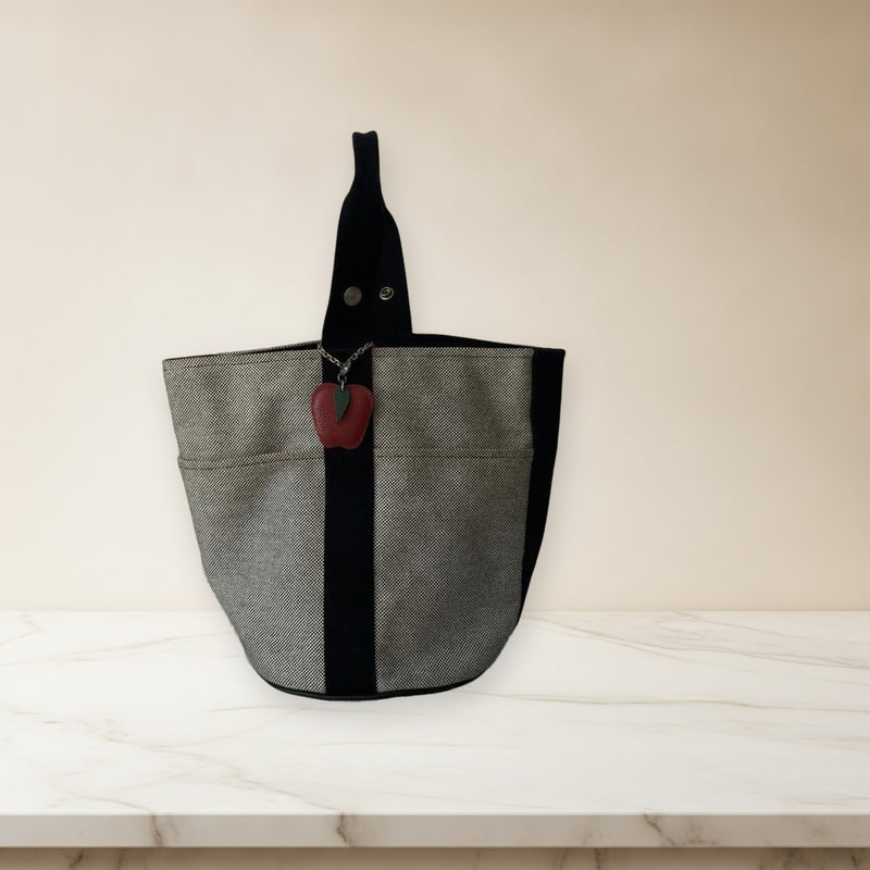 Hermès Canvas Bucket Handbag White Black Leather Apple Charm