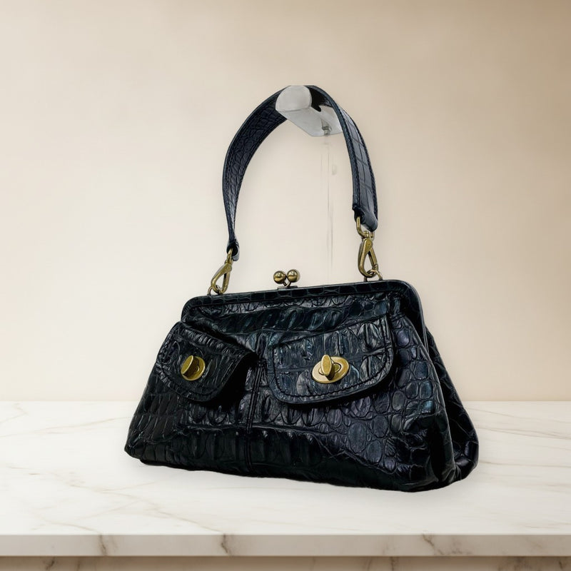 Miu Miu Croc Embossed Leather One Shoulder Bag Handbag Black Leather