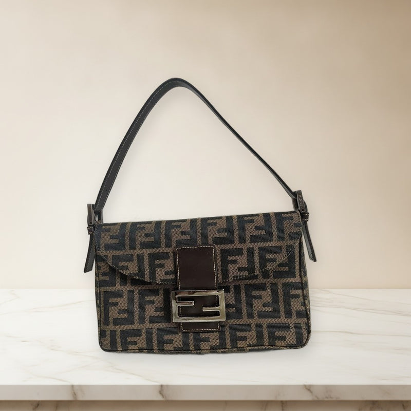 Fendi Mamma Baguette Canvas Leather One Handle Shoulder Bag
