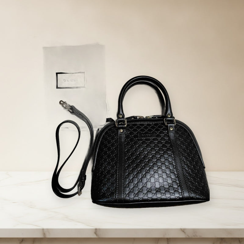 Gucci Micro Shima 2-Way Handbag Shoulder Bag Black Leather Embossed Gg