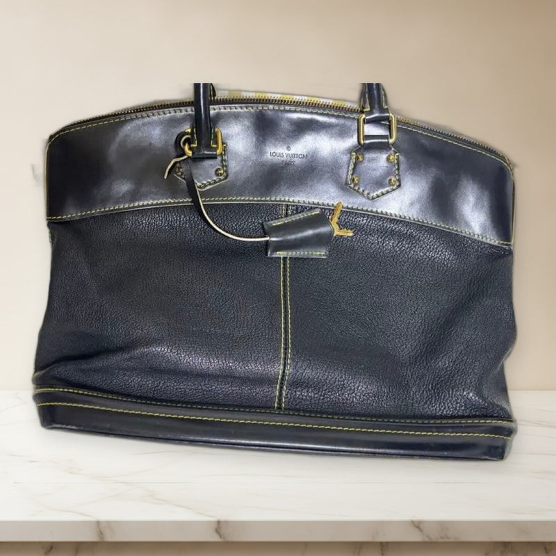 Louis Vuitton Lockit M91875 Handbag Tote Black Leather Yellow Stitching Key