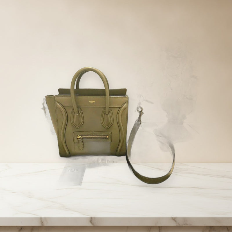 Celine Luggage Nano Shoulder Bag Khaki Leather