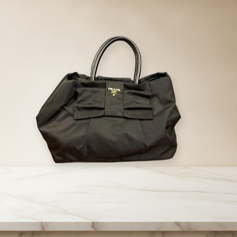 Prada Ribbon Handbag Black Leather Metal Hardware Shoulder Bag