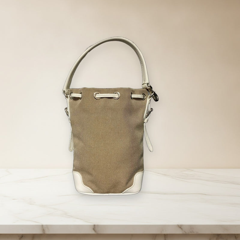 Prada Logo Jacquard Mini Drawstring Bucket Bag Leather Canvas White Beige