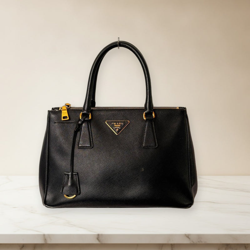 Prada Galleria Handbag Saffiano Leather Black Gold Hardware