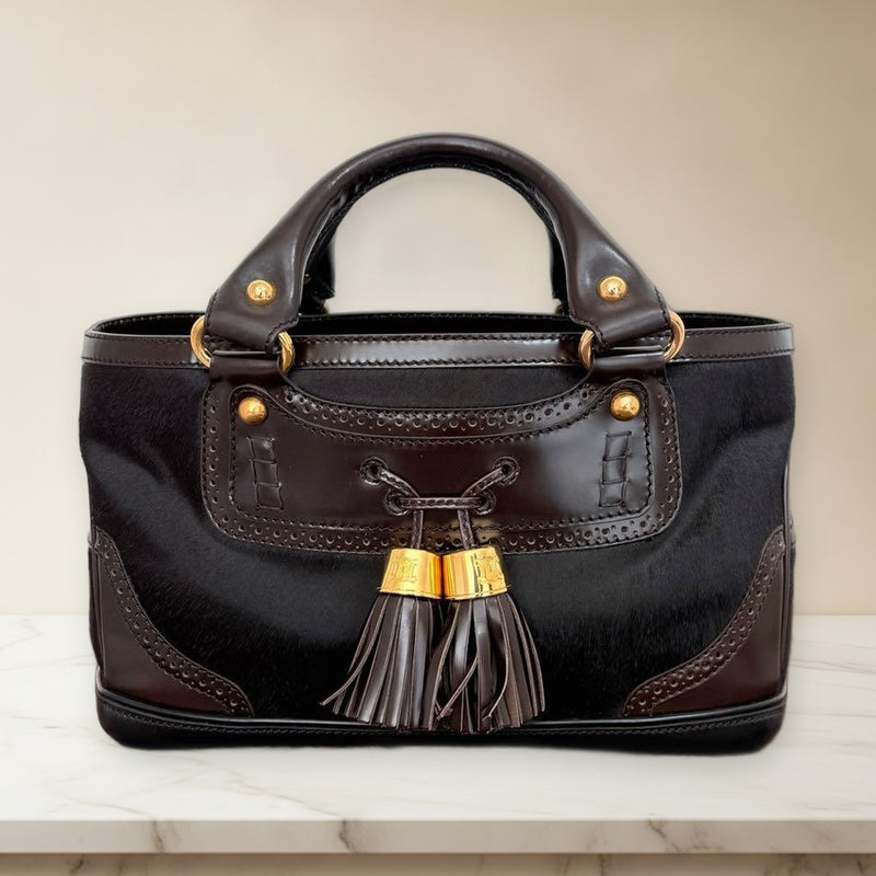 Celine Boogie Bag Handbag Pony Hair Fur Leather Dark Brown Gold Hardware