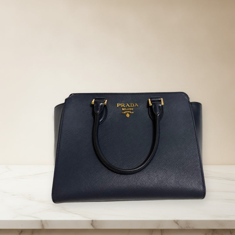 Prada Saffiano Leather 2-Way Hand Shoulder Bag Navy Gold Hardware