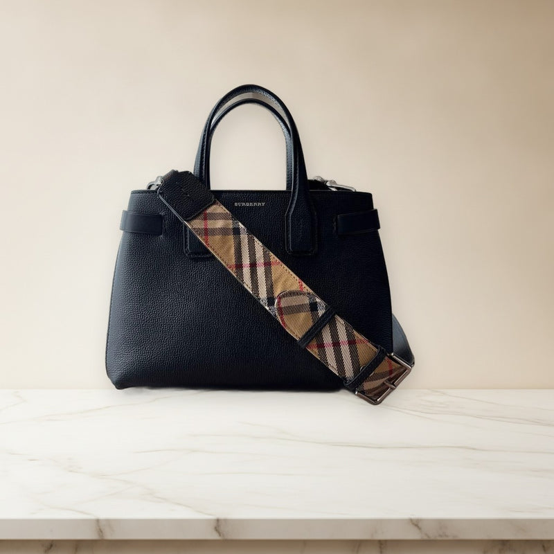 Burberry 2WAY Small Banner Leather Vintage Check Black Handbag Shoulder Bag