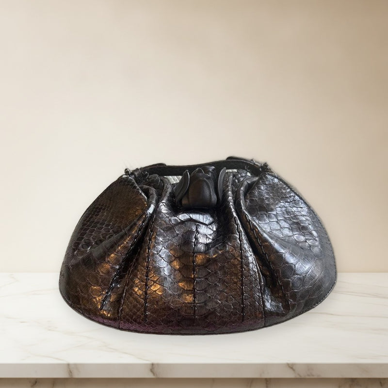 Salvatore Ferragamo Flap Handbag Black Snakeskin Leather Lining