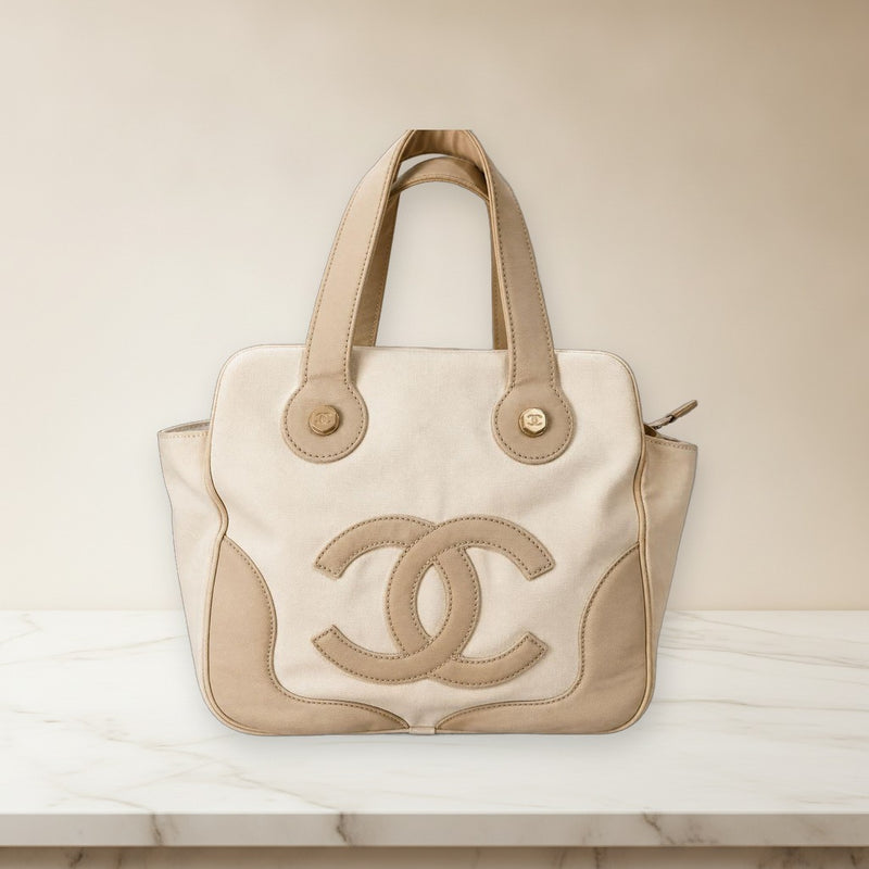 Chanel Marshmallow Coco Mark Handbag Canvas Beige White