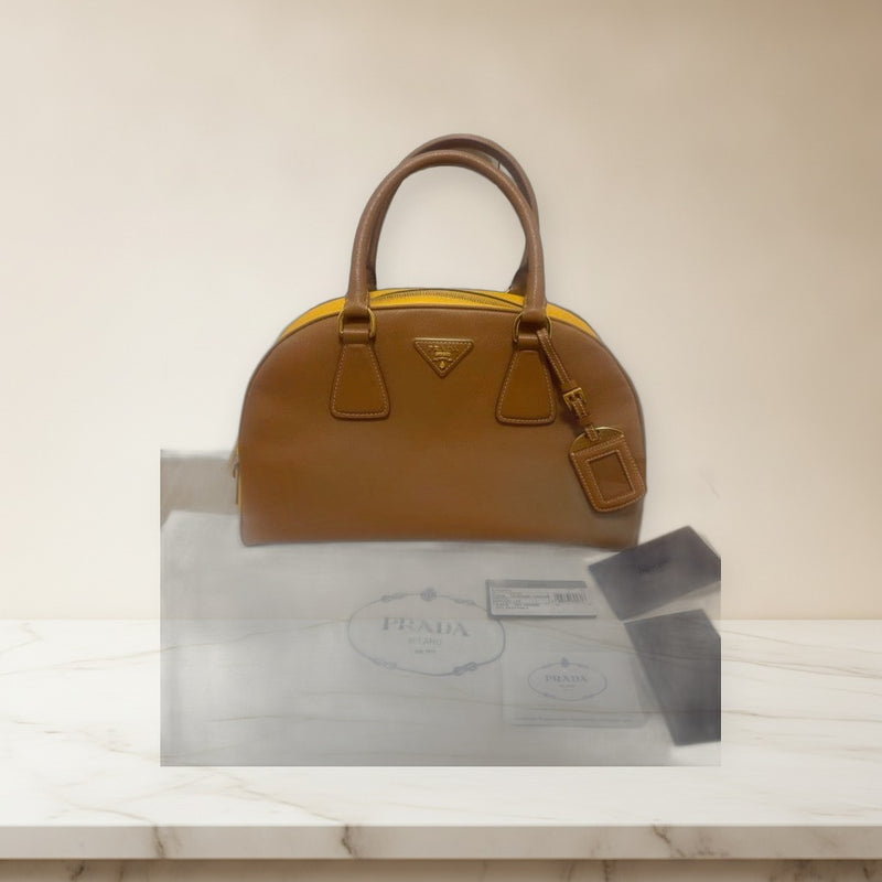 Prada Saffiano Lux Bauletto Handbag Saffiano Leather Caramel Mimosa Bicolor