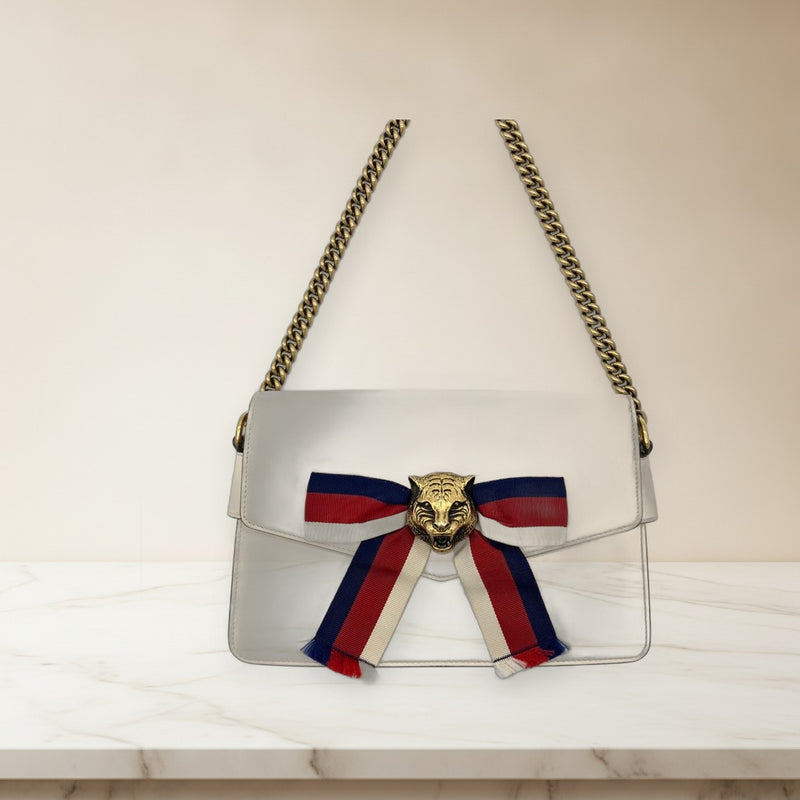 Gucci Animarier Broadway Flap Handbag Clutch White Leather Tiger Head Motif