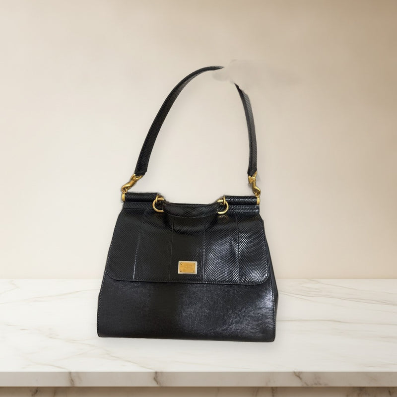 Dolce Gabbana Sicily Handbag Shoulder Bag Black Leather Snakeskin Design