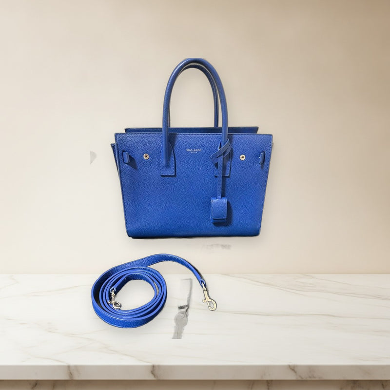 Saint Laurent Sac De Jour Handbag Shoulder Bag Tote Blue Leather