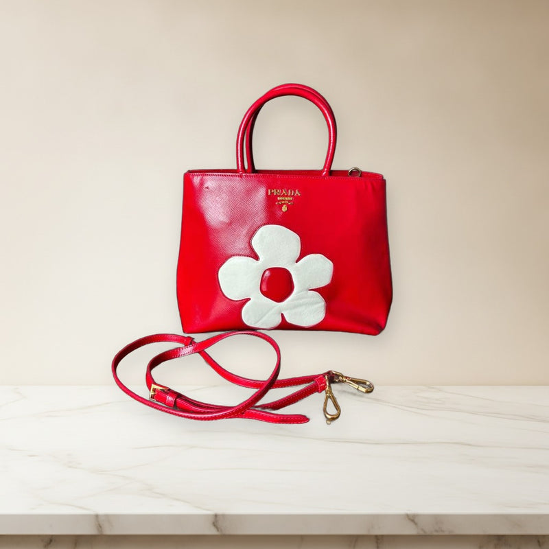 Prada Saffiano Flower Motif 2-way Shoulder Bag Red Leather