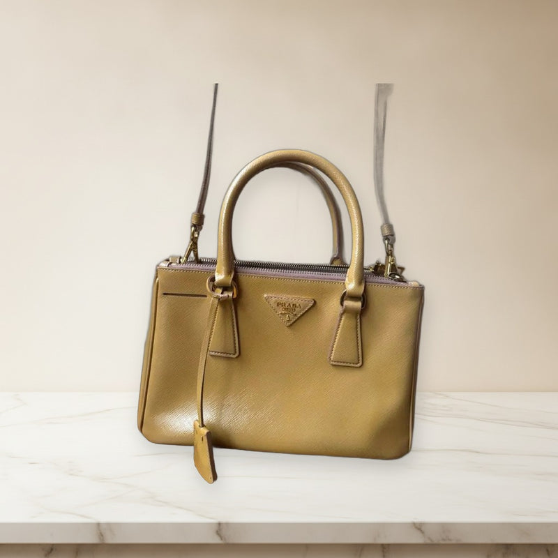 Prada Saffiano 2-Way Handbag Shoulder Crossbody Bag Leather Beige
