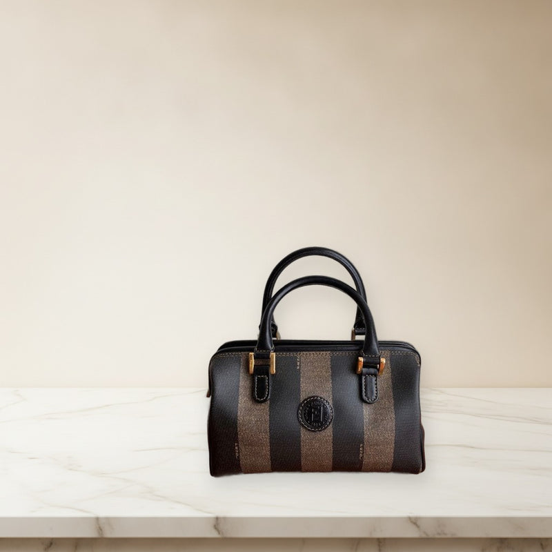 Fendi Pequin Mini Boston Bag Card Case Set Pvc Leather Brown Black Gold Hardware
